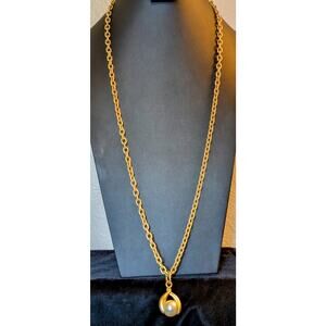 Simulated Pearl in Claw Pendant Heavy Matte Gold Tone Chain 36" Necklace